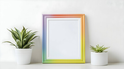 Rainbow Frame With Succulents On White Tabletop