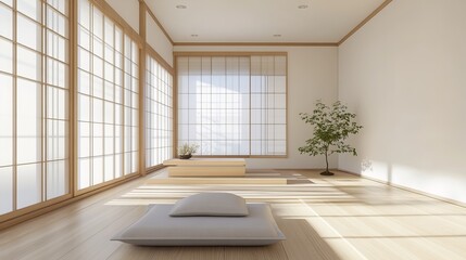 A minimalist Japanese-style bedroom.  Modern design features white walls and a wooden floor.  3D rendered image.
 