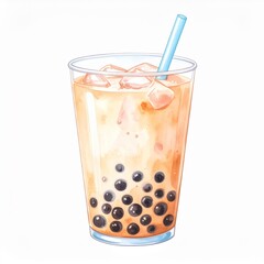 Watercolor Illustration of Iced Boba Tea in Plastic Cup