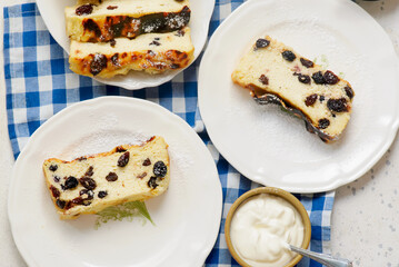 Cottage cheese casserole with raisins and sour cream..top veiw