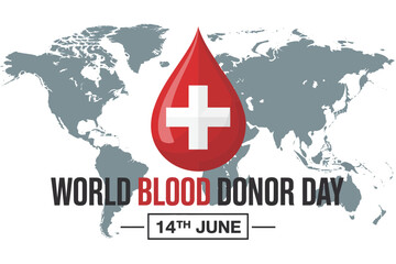 Global donor day celebration design with heart drop symbol on map background for awareness poster