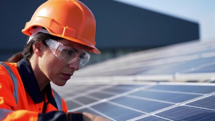 Woman in safety gear inspecting solar panels on a sunny day with a focused expression - Powered by Adobe