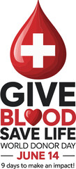 Vertical poster for blood donor day with save life message and drop symbol for global health drive