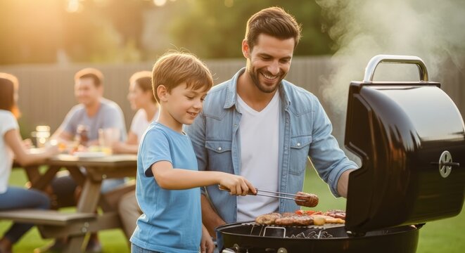 A father and son cook together at a backyard barbecue on a warm summer day.