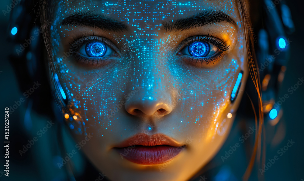 Poster futuristic female cyborg face closeup with glowing blue digital data patterns and augmented reality 