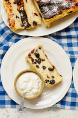 Cottage cheese casserole with raisins and sour cream..top veiw