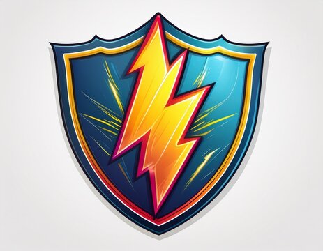 colorful shield badge with lightning symbol vibrant design with playful undertones ideal for gaming or superhero themes isolated on white background or