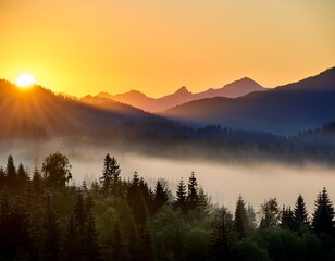 Fototapeta premium golden hour sunrise over majestic mountain range and foggy forest