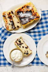 Cottage cheese casserole with raisins and sour cream..top veiw