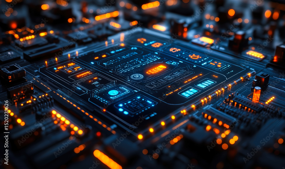 Aufkleber close-up view of futuristic microchip with glowing blue and orange digital interface elements on bla