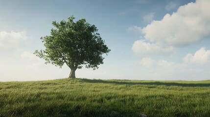 Obraz premium A tree stands in a grassy field, set against a sky backdrop. 
