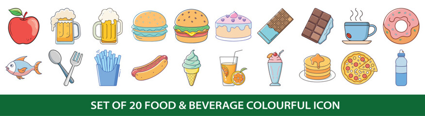 Set of twenty food and beverage colorful icons collection illustration graphic design