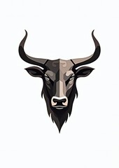 Illustrative bull head emblem, front view, white background 