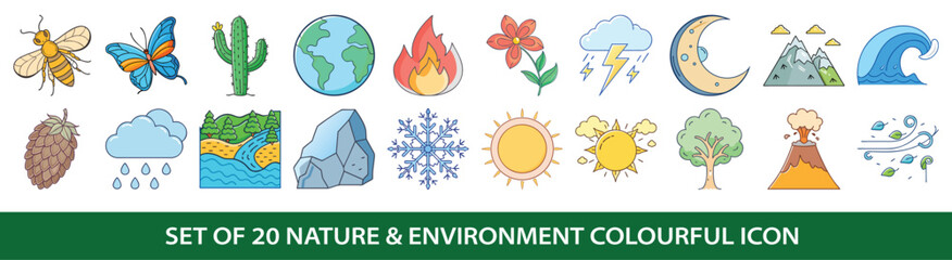 Set of twenty nature and environment colorful icons collection