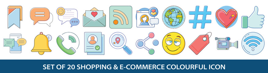 Twenty Colorful Shopping and E commerce Icons for Website and Application Design