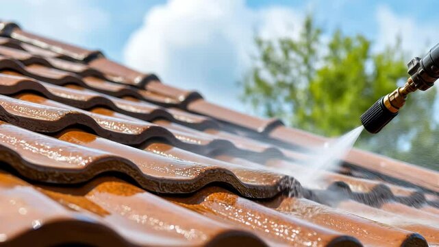 Close up of pressure washer cleaning wet, brown tiled roof with water spray outdoors, removing dirt and grime under clear blue sky..