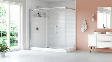 Modern Corner Shower With Pink Accent Wall In A Bright Interior