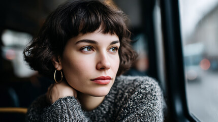 Pensive young woman with a bob hair style looking out of the window, closeup