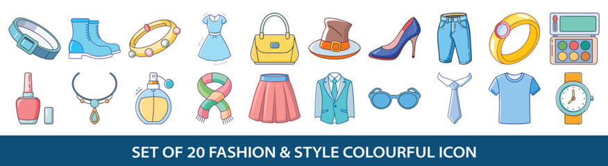 Set of twenty fashion and style colourful icons illustrations