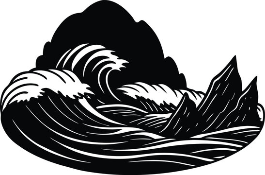 waves breaking on rocky shore silhouette, ocean waves at rocks silhouette