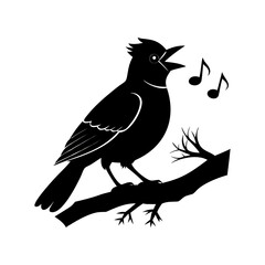 Majestic Silhouette of a Singing Bird Perched on a Branch A Black and White Illustration