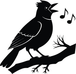 Majestic Blue Jay Silhouette A Singing Bird Perched on a Branch - Vector Illustration