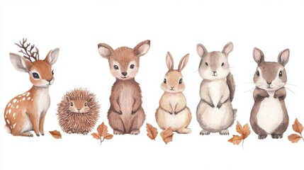 Naklejka premium Adorable hand-drawn watercolor forest animals: deer, bear, bunny, hedgehog, and squirrel. Perfect for nursery art, greeting cards, or prints. Woodland frame design. 