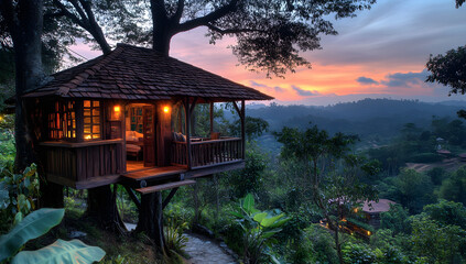A quaint wooden tree house positioned within a flourishing natural setting