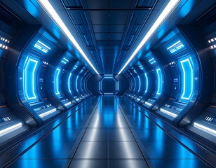 Futuristic corridor with blue neon light