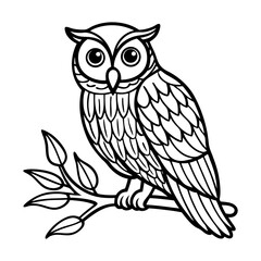 Cute wise cartoon owl with big eyes sitting on a brown branch