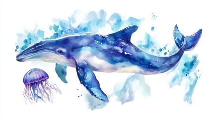 Adorable watercolor marine animals�turtles, whales, dolphins, jellyfish, and crabs�perfect for baby shower cards or children's party invites.
 