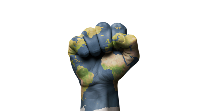 World Map Hand in Fist Shape Global Unity On Transparent Background


