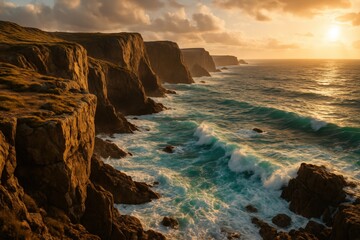 Dramatic coastal cliffs at sunset with crashing waves and golden light