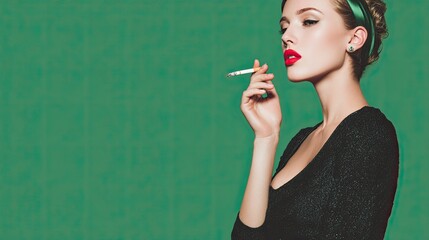 Obraz premium Stylish woman in retro outfit with red lips and headband smoking cigarette against green studio background