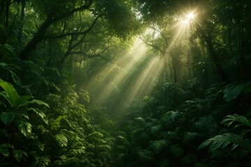 Majestic sunlit jungle canopy with tree foliage and sunbeams