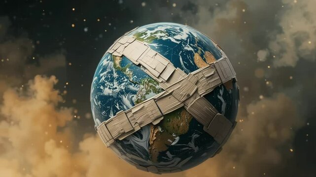 Earth floating with bandages and cracks on its surface symbolizing a wounded planet needing healing and care
