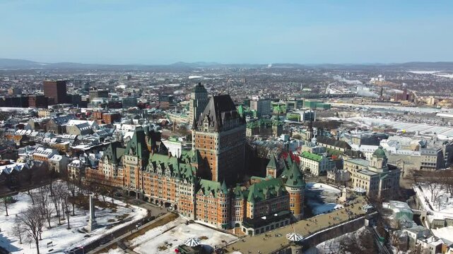 Drone View of Chateau Frontenac and Old Quebec City, Canada