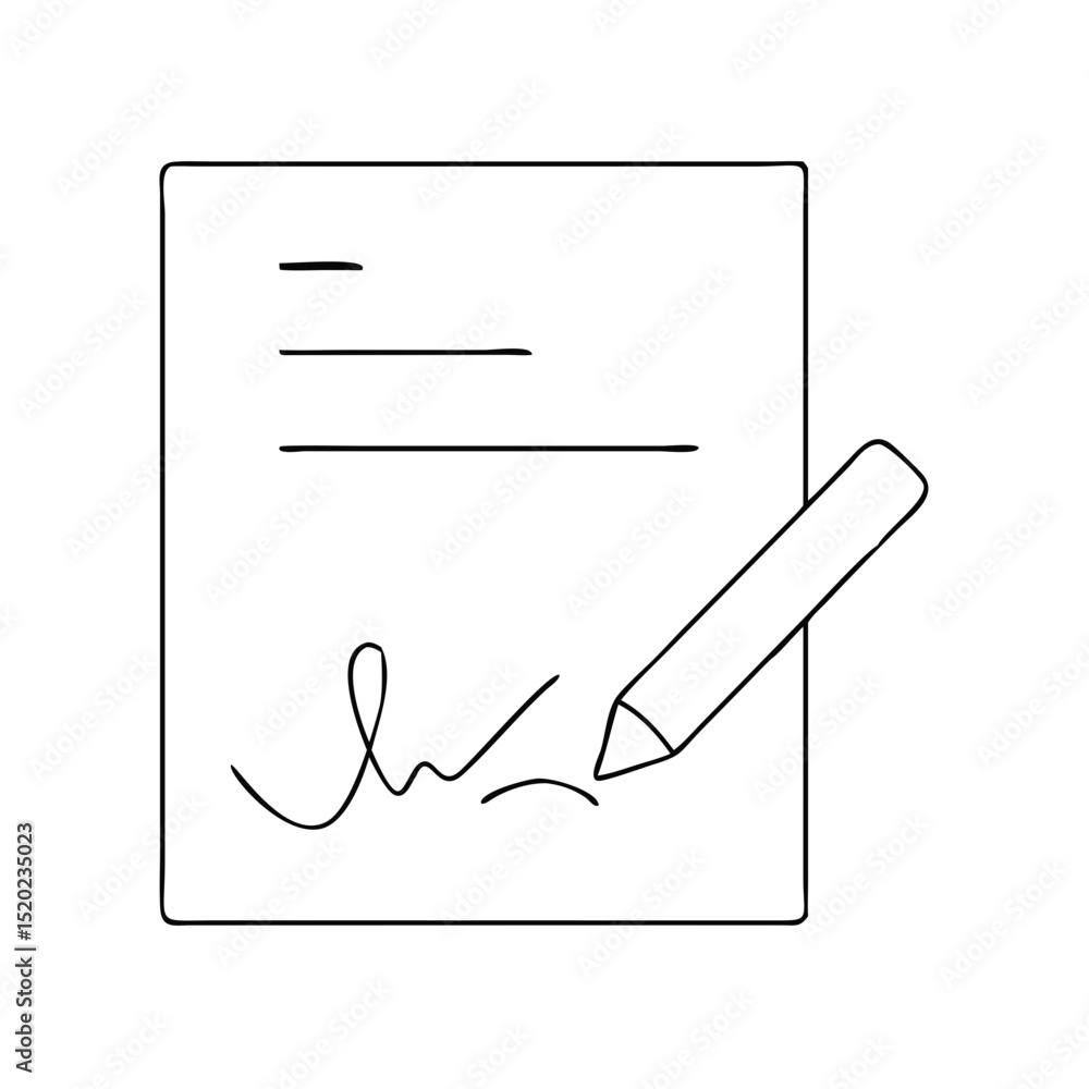 Poster signature confirmation icon with a document and pen in a minimalist style on a white background for 