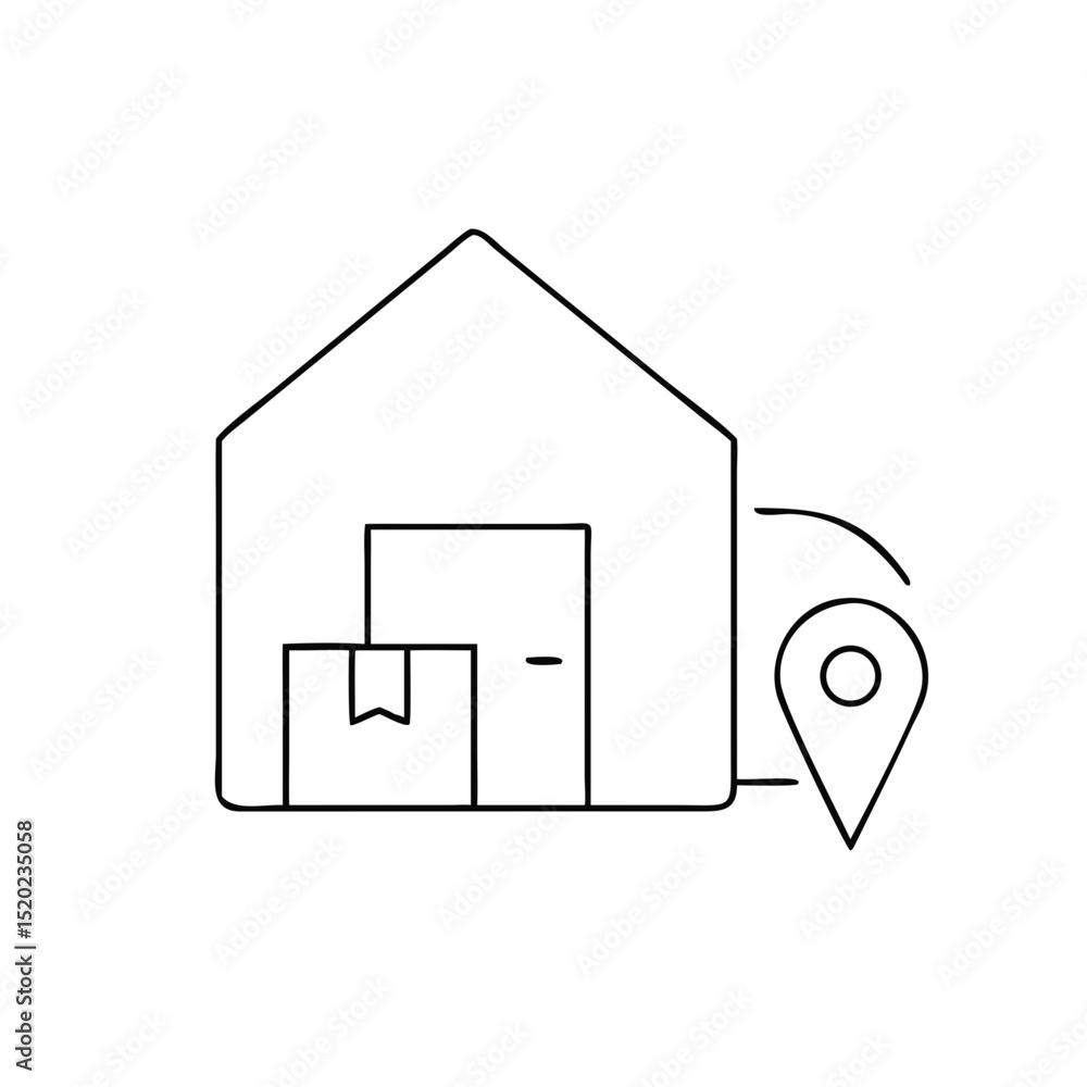 Poster warehouse to doorstep icon featuring a package and location pin by a house in a minimalist style on 