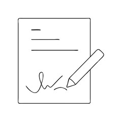 Signature confirmation icon with a document and pen in a minimalist style on a white background for logistics concept