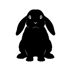 Adorable Holland Lop Rabbit Silhouette A Charming Black and White Illustration of a Sitting Bunny with Floppy Ears