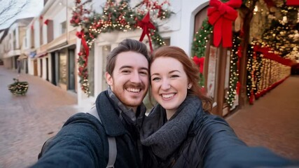 Cheerful couple takes a selfie on decorated street during the holiday season, showcasing festive decorations and cheerful ambiance - Powered by Adobe