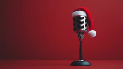 Retro microphone wearing a Santa hat against a red background.