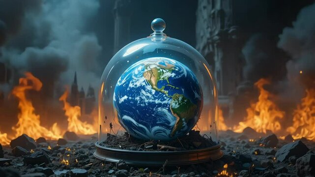 Earth protected inside a glass dome surrounded by fire and pollution representing climate resilience and efforts to preserve the planet