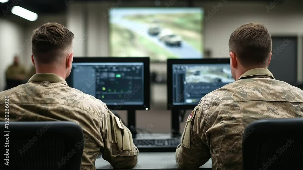 Poster rear perspective of two men in military uniforms observing transport and resource tracking interface