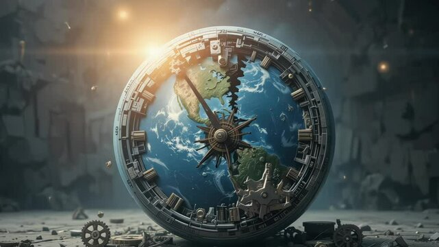 Earth as a mechanical clock with gears breaking apart symbolizing limited time before environmental collapse and global warming