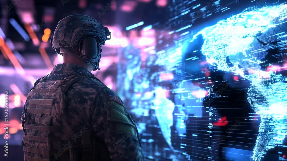 Poster soldier in military uniform stands in high-tech command center, eyes fixed on glowing global map fil