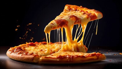 cheesy pizza slice being lifted with melted cheese stretching deliciously