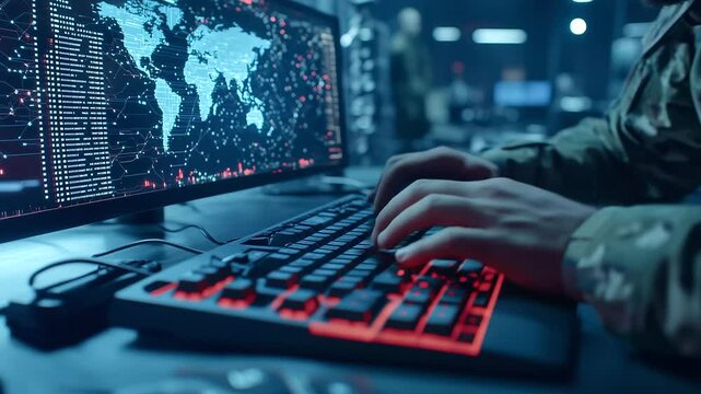 Soldier typing commands on a rugged keyboard as animated data flows across world maps, representing cyber intelligence and battlefield comms