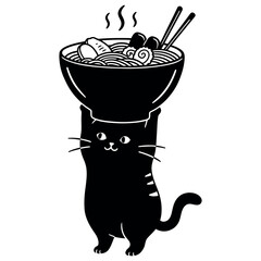 Black Cat Balancing Bowl of Noodles on Head